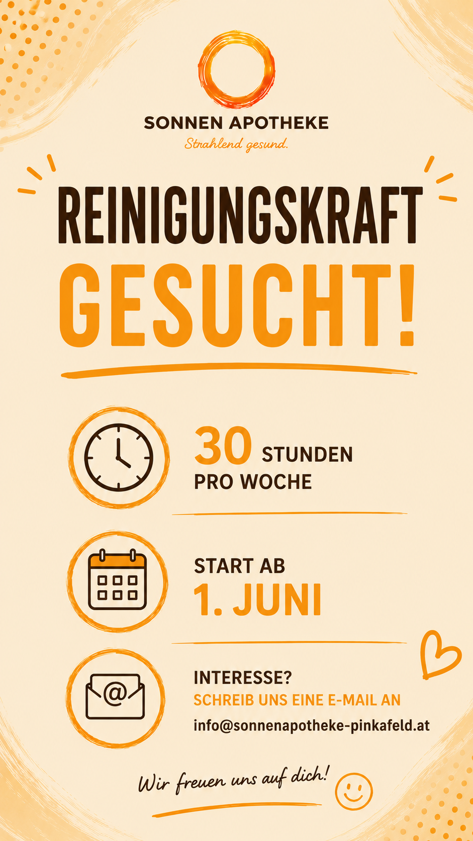 An announcement poster seeks cleaning staff. It offers 30 hours per week. It starts on June 1.