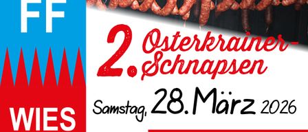 An advertisement for Osterkran Schnapps. It is on Saturday, March 28. The event starts at 1:00 PM. First prize is €50. The venue is Rusthaus Wies.