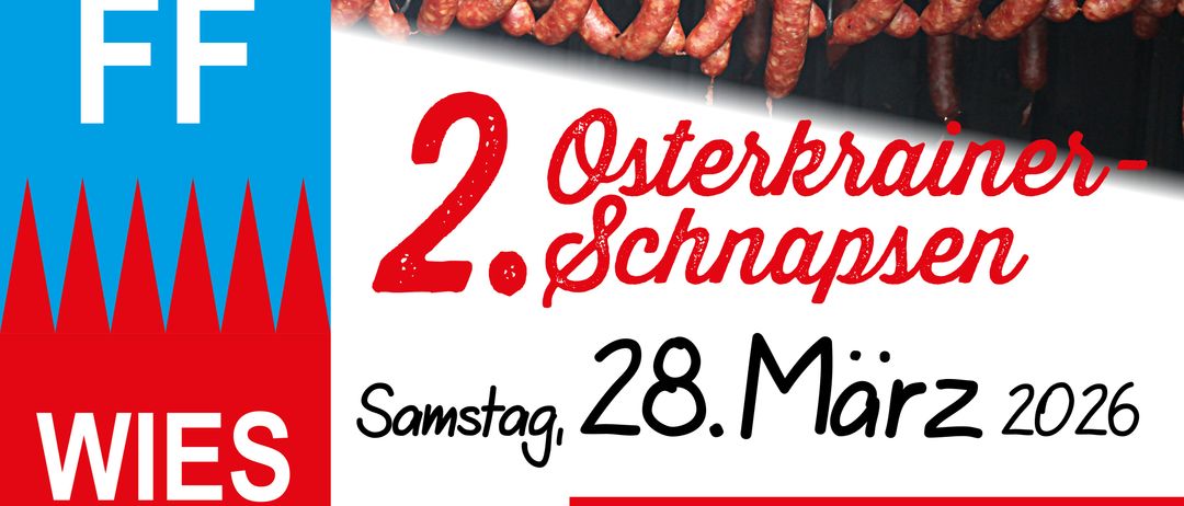 Eine Werbung für Osterkran Schnapps. Es ist am Samstag, den 28. März. Die Veranstaltung beginnt um 13:00 Uhr. Der erste Preis beträgt 50 €. Der Veranstaltungsort ist Rusthaus Wies.