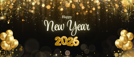 Ein schwarzer Hintergrund mit goldenen und weißen Sternen. Die Worte 'Frohes Neues Jahr 2026' sind in Gold geschrieben. Das Jahr 2026 ist fett geschrieben, und rechts sind Luftballons.