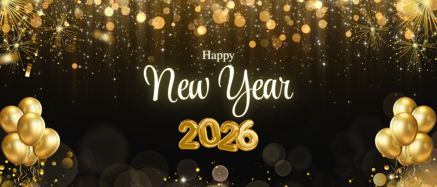 Ein schwarzer Hintergrund mit goldenen und weißen Sternen. Die Worte 'Frohes Neues Jahr 2026' sind in Gold geschrieben. Das Jahr 2026 ist fett geschrieben, und rechts sind Luftballons.