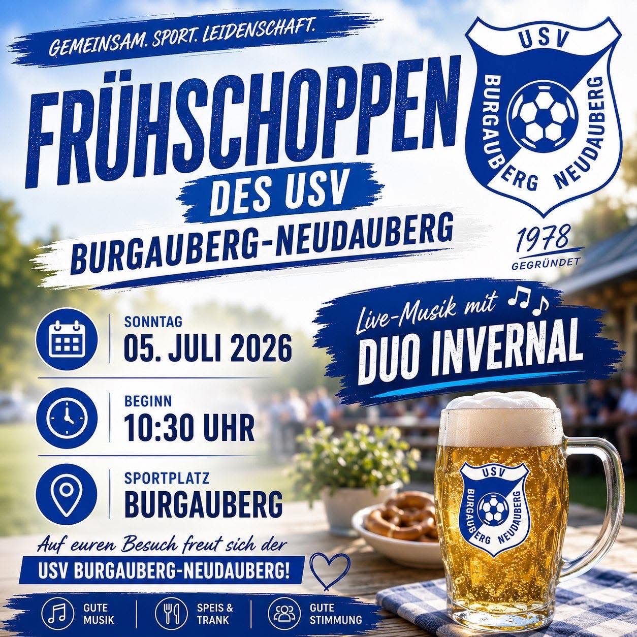 An invitation to the early morning event of USV Burgauberg-Neudauberg, July 5, 2026, starting at 10:30 AM, at the Burgauberg sports field, featuring good music and atmosphere.