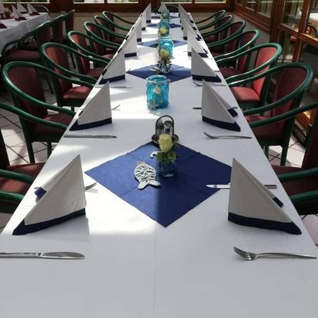 Ein langer Esstisch, der für eine Mahlzeit vorbereitet ist, mit blauen und weißen Tischläufern, gefalteten Servietten und ordentlich angeordnetem Besteck. Der Tisch ist von grünen Stühlen umgeben.