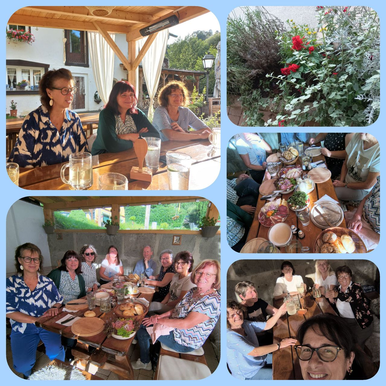 Eine Collage aus vier Bildern zeigt Frauen in einem Garten. Ein Bild zeigt Frauen, die um einen Tisch mit Essen sitzen, ein anderes zeigt einen Garten mit roten Blumen.