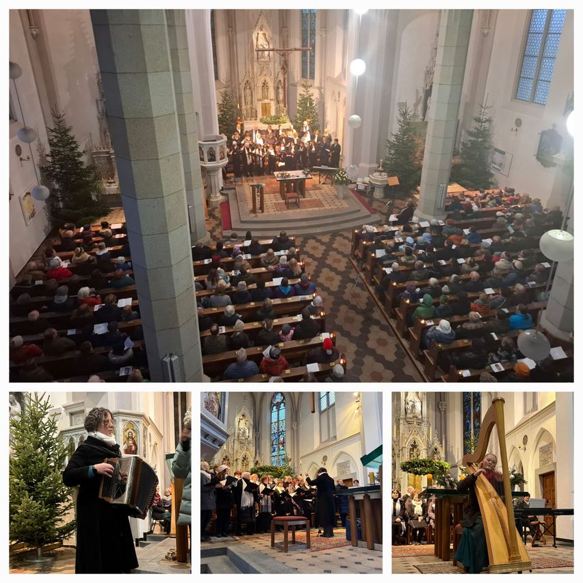 Eine Collage von Bildern, die eine Kirchenaufführung mit Musikern, einem Chor und einem Publikum zeigt. Das Publikum sitzt auf Bänken und einige halten Kerzen. Eine Person spielt Akkordeon in einer Ecke. Ein anderes Bild zeigt eine Harfenistin bei einer Aufführung.
