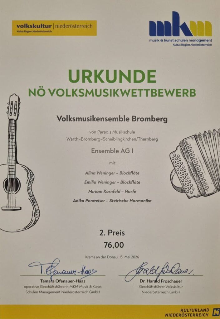 Zertifikat für den 'Volksmusikwettbewerb' von Volksmusikensemble Bromberg aus Warth-Bromberg-Scheiblingkirchen/Thernberg. Ensemble AG I. Alina Weniger - Blockflöte, Emilia Weniger - Blockflöte, Miriam Kornfeld - Harfe, Anika Ponweiser - Steirische Harmonika. Zweiter Preis von 76,00. Datum: 15. Mai 2026.