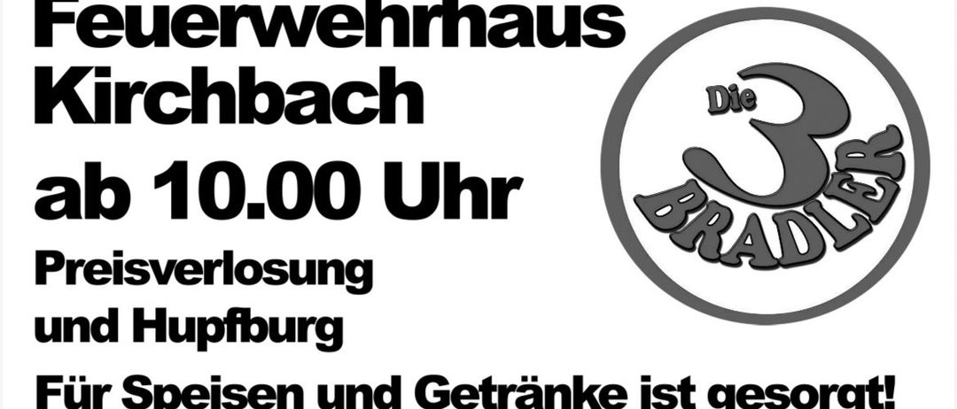 Frühschoppen am Donnerstag, 4. Juni im Feuerwehrhaus Kirchbach. Ab 10 Uhr Preisverlosung und Ballonfahrt. Speisen und Getränke sind vorhanden. Viel Spaß!