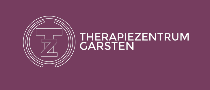 Das Logo für Therapiezentrum Garsten mit einem violetten Hintergrund, einem weißen kreisförmigen Logo und dem Text.