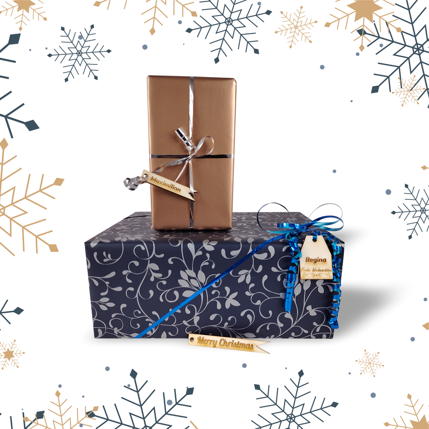 Zwei verpackte Geschenke, eines braun und eines blau, sind mit Schneeflocken und Sternen im Hintergrund gestapelt. Das braune Geschenk hat einen Anhänger mit der Aufschrift 'Maximilian' und eine Schleife, während das blaue Geschenk einen Anhänger mit der Aufschrift 'Regina' und eine blaue Schleife hat.