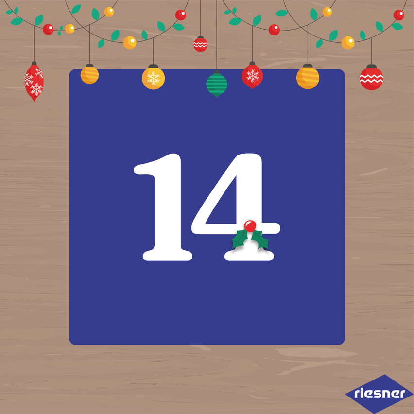 Illustration eines Weihnachtskugel-Kalenders mit der Nummer 14 und hängenden Weihnachtskugeln.