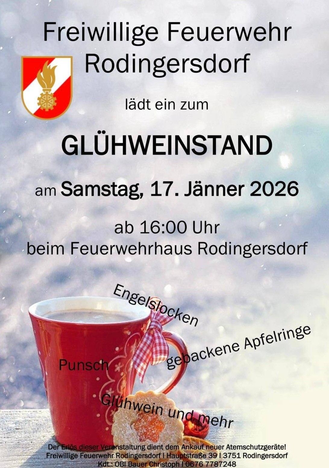 Einladungsposter für einen Glühweinstand am Samstag, 17. Januar 2026, ab 16:00 Uhr beim Feuerwehrhaus Rodingersdorf. Ein Kaffeebecher und Lebkuchen sind abgebildet.