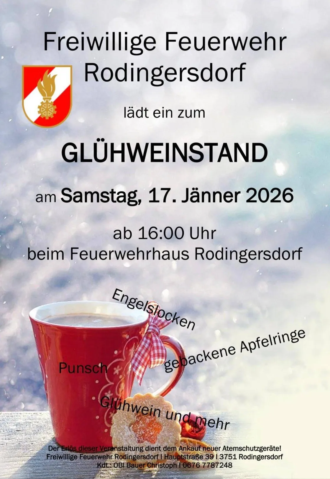 Plakat für Rodingersdor's Glühweinstand-Veranstaltung am 17. Januar 2026. Beginn um 16:00 Uhr beim Feuerwehrhaus. Mit einem roten Becher mit Schleife und Keksen.