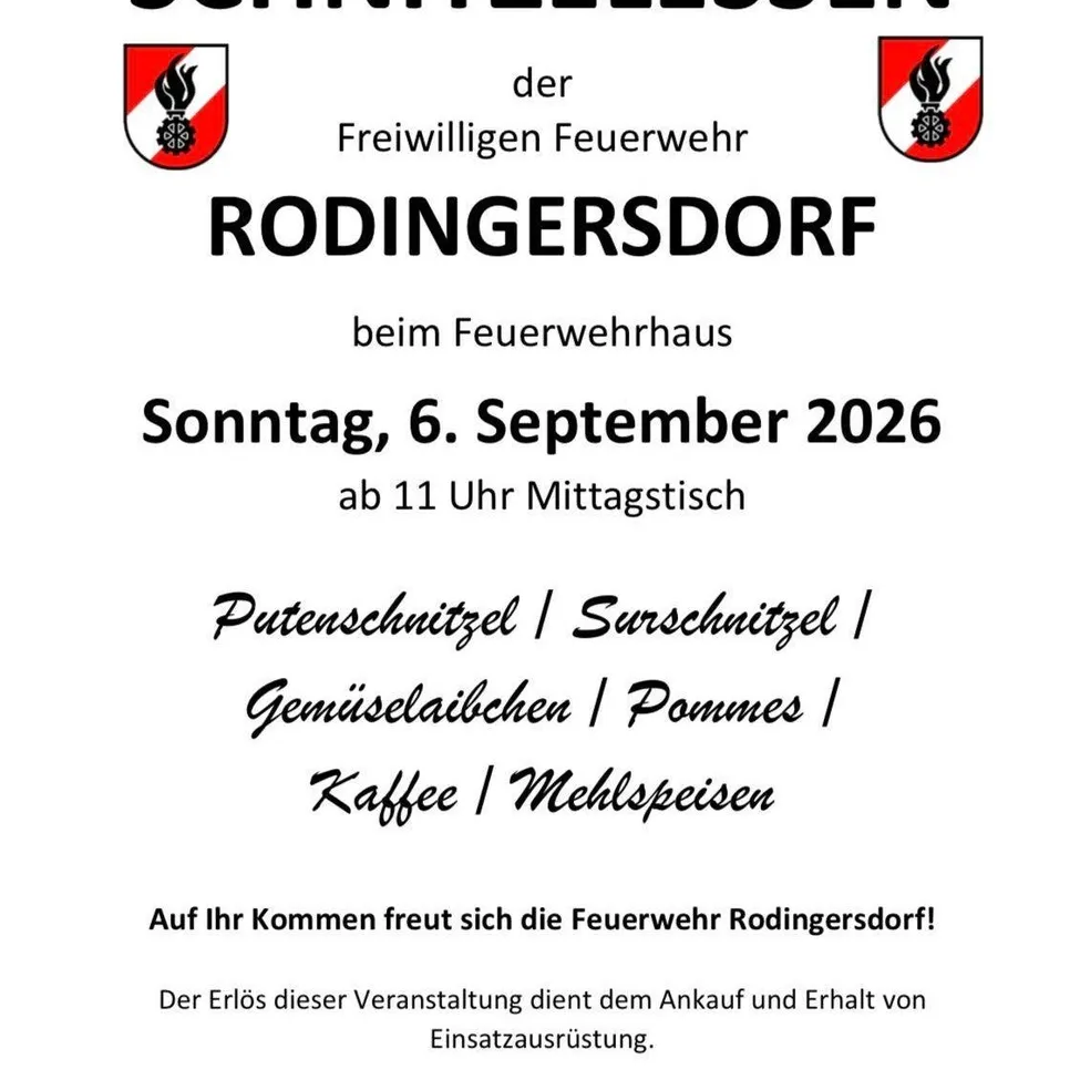 Plakat für eine Gemeinschaftsveranstaltung der Freiwilligen Feuerwehr Rodingersdorf, geplant für Sonntag, 6. September 2026, mit Essen, Getränken und einer Spendenaufrufung.