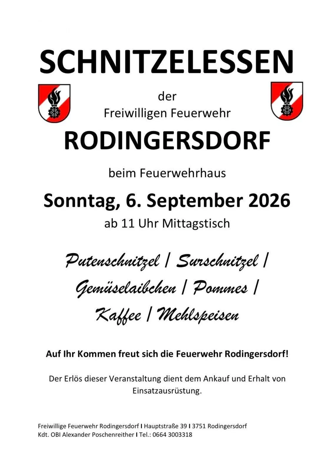 Plakat für eine Gemeinschaftsveranstaltung der Freiwilligen Feuerwehr Rodingersdorf, geplant für Sonntag, 6. September 2026, mit Essen, Getränken und einer Spendenaufrufung.