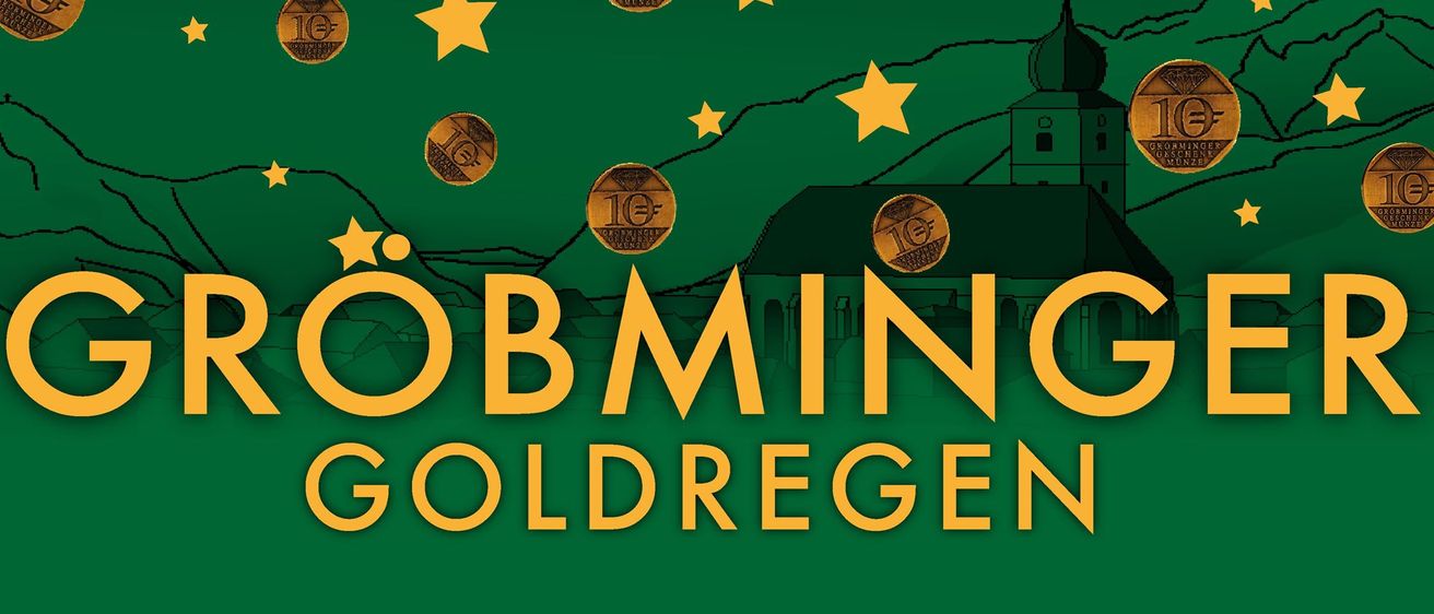 Ein Werbebild mit Goldmünzen und Sternen vor einem grünen Hintergrund mit dem Text 'Obmin Goldregen'. Die Münzen haben '10€' darauf gedruckt.
