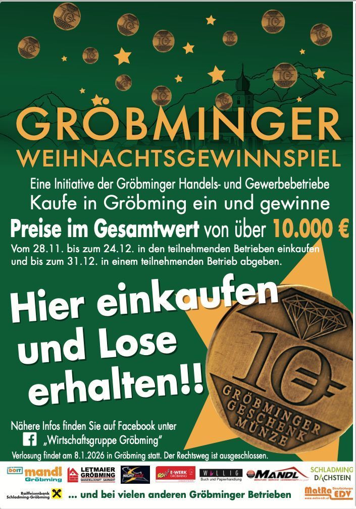 Eine Werbung für das Grobminger Weihnachtsgewinnspiel. Kunden in Grobming können Preise im Gesamtwert von über 10.000 Euro gewinnen. Käufe in teilnehmenden Geschäften zwischen dem 28. November und dem 24. Dezember, und Einreichung von Losen bis zum 31. Dezember.