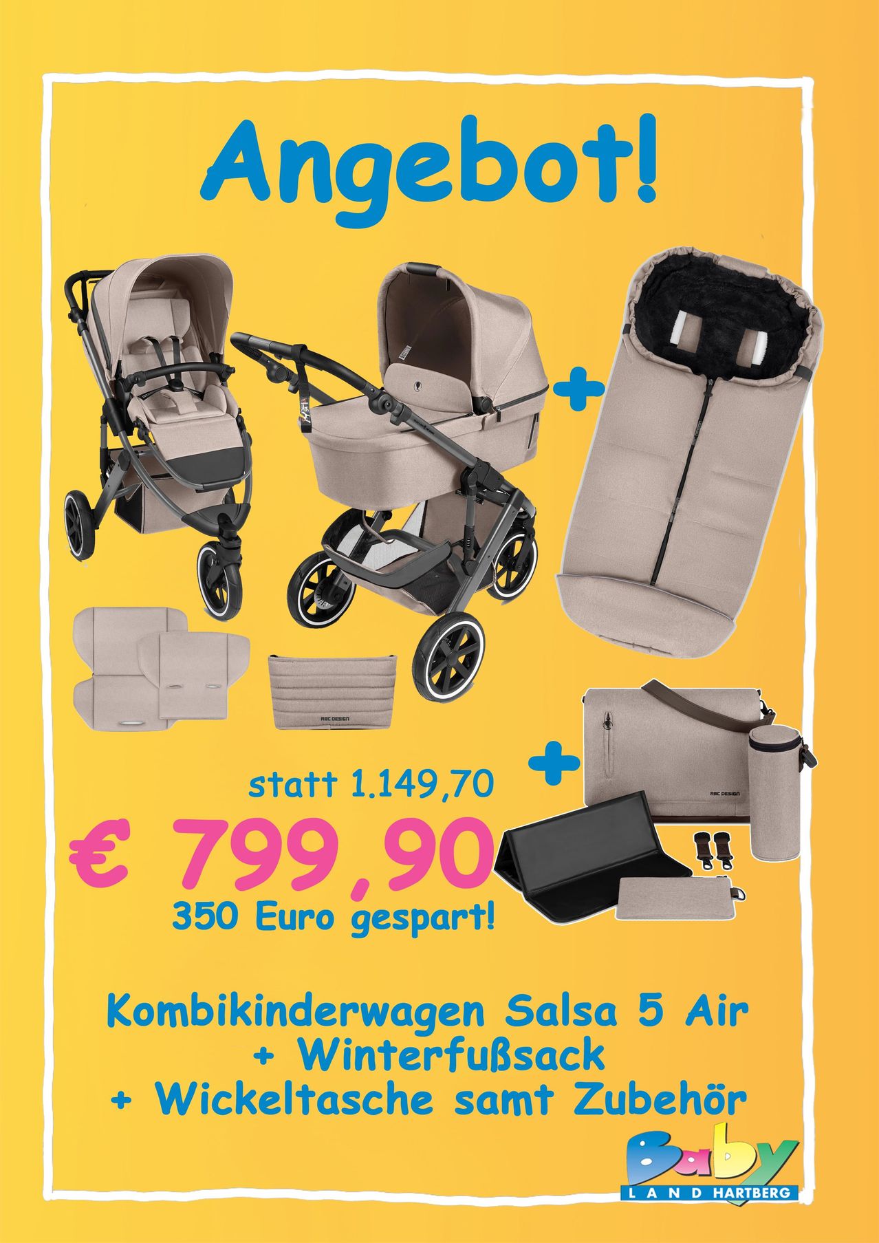 Aktion auf einen Salsa 5 Air Kombikinderwagen mit Winterbezug. Ursprünglich 1.149,70, jetzt 799,90, 350 Euro gespart. Enthält Kinderwagen, Winterbezug, Tasche und Zubehör.