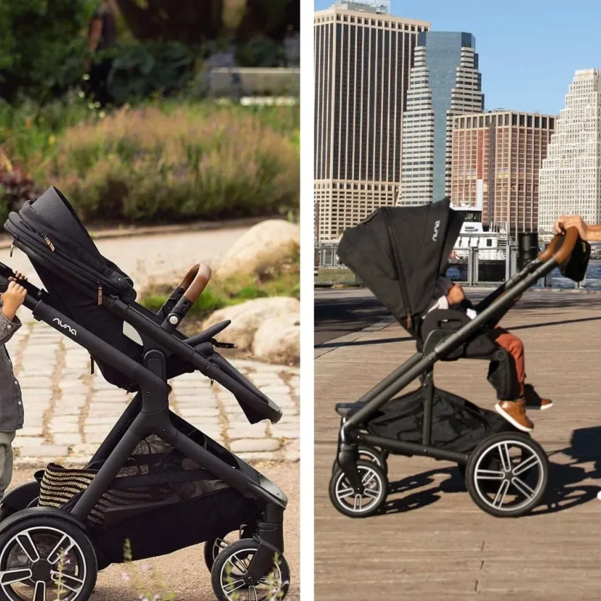 Zwei Bilder eines schwarzen Kinderwagens. Das erste Bild zeigt ein Kleinkind, das den Griff des Kinderwagens hält, das zweite Bild zeigt einen Erwachsenen, der auf einem Bürgersteig in der Stadt im Kinderwagen sitzt.