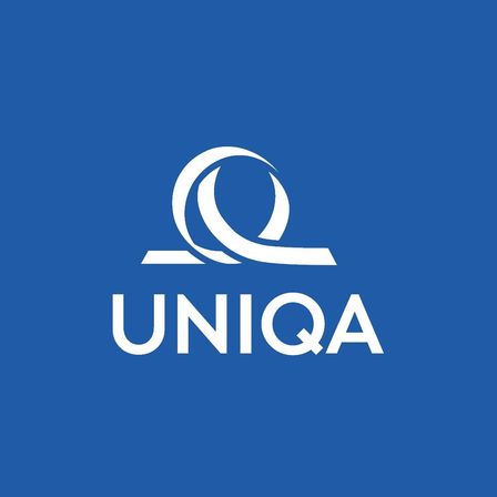 UNIQA-Logo auf blauem Hintergrund mit stilisiertem 'Q'-Symbol über dem Firmennamen