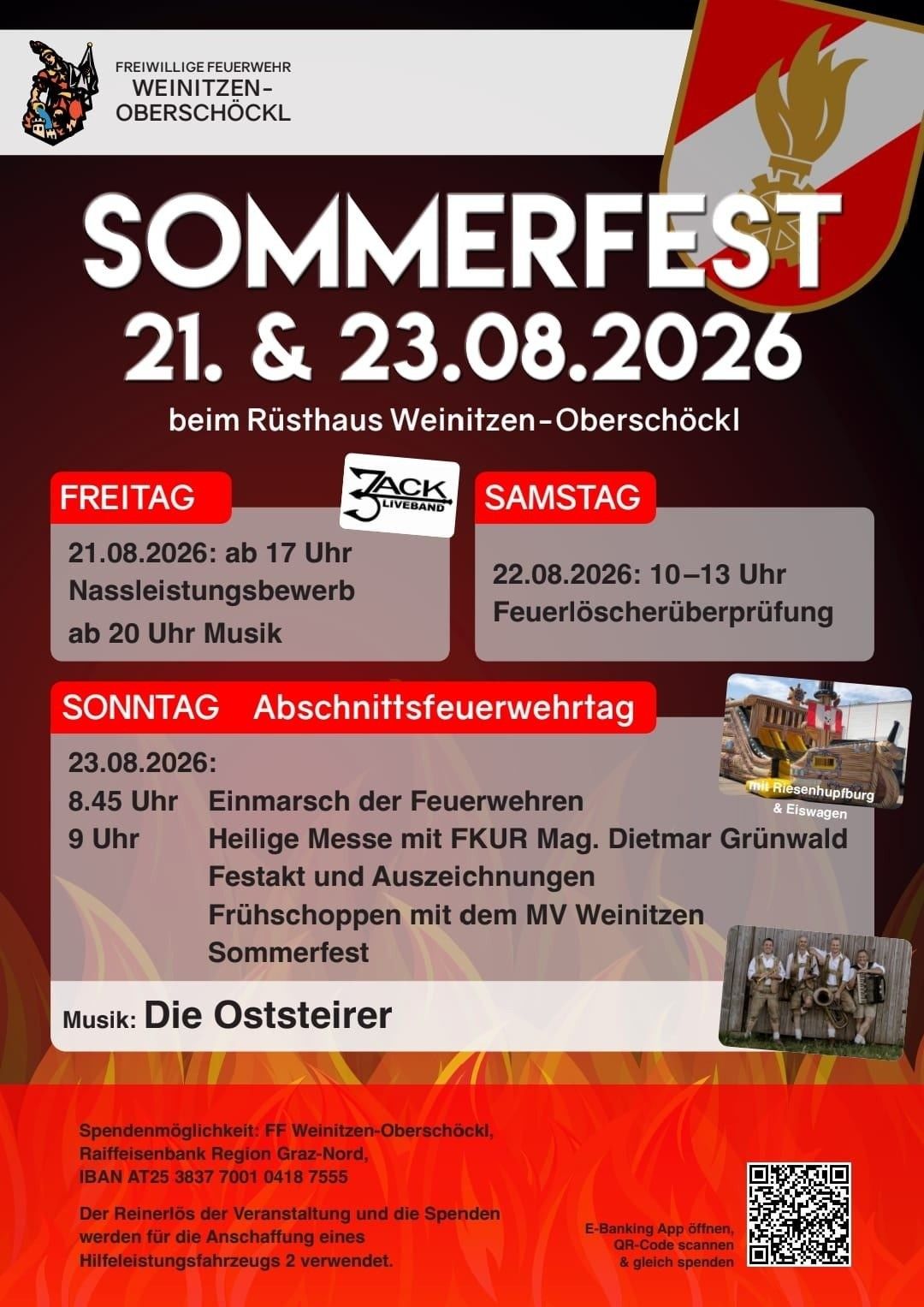 Plakat für Sommerfest 2026 mit Daten, Zeiten und Aktivitäten wie Feuerwehrvorführungen, heilige Messe und Musik von Die Oststeirer.