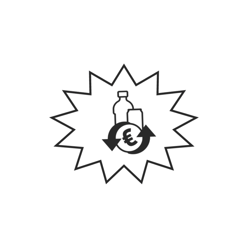 Ein schwarzer Hintergrund mit einem weißen Stern-Symbol, das eine Flasche, eine Dose und ein Euro-Symbol zeigt.