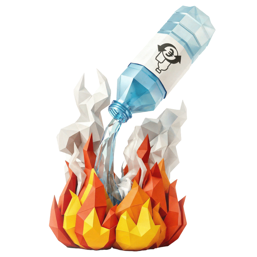 Eine Illustration einer Flasche, die Wasser in ein Feuer gießt. Die Flasche hat ein Recycling-Symbol und einen Schraubenschlüssel. Das Feuer besteht aus Papier und hat gelbe und rote Farben.