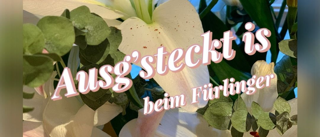 Ein Strauß weißer Lilien mit rosa Zentren, grünen Blättern und dem Text 'Ausgesteckt is beim Furlinger 7. bis 20. Mai 2026' in rosa Schrift.