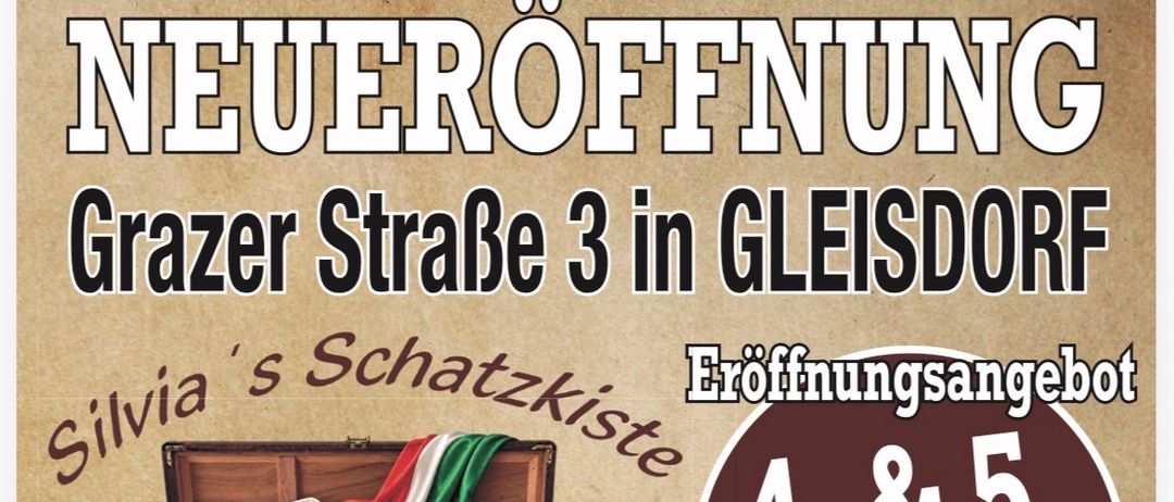 Ein Werbeplakat für Silvia's Schatzkiste, eine Modeveranstaltung in Gleisdorf, Österreich, mit einem Koffer voller italienischer Modeartikel und einem Rabattangebot.