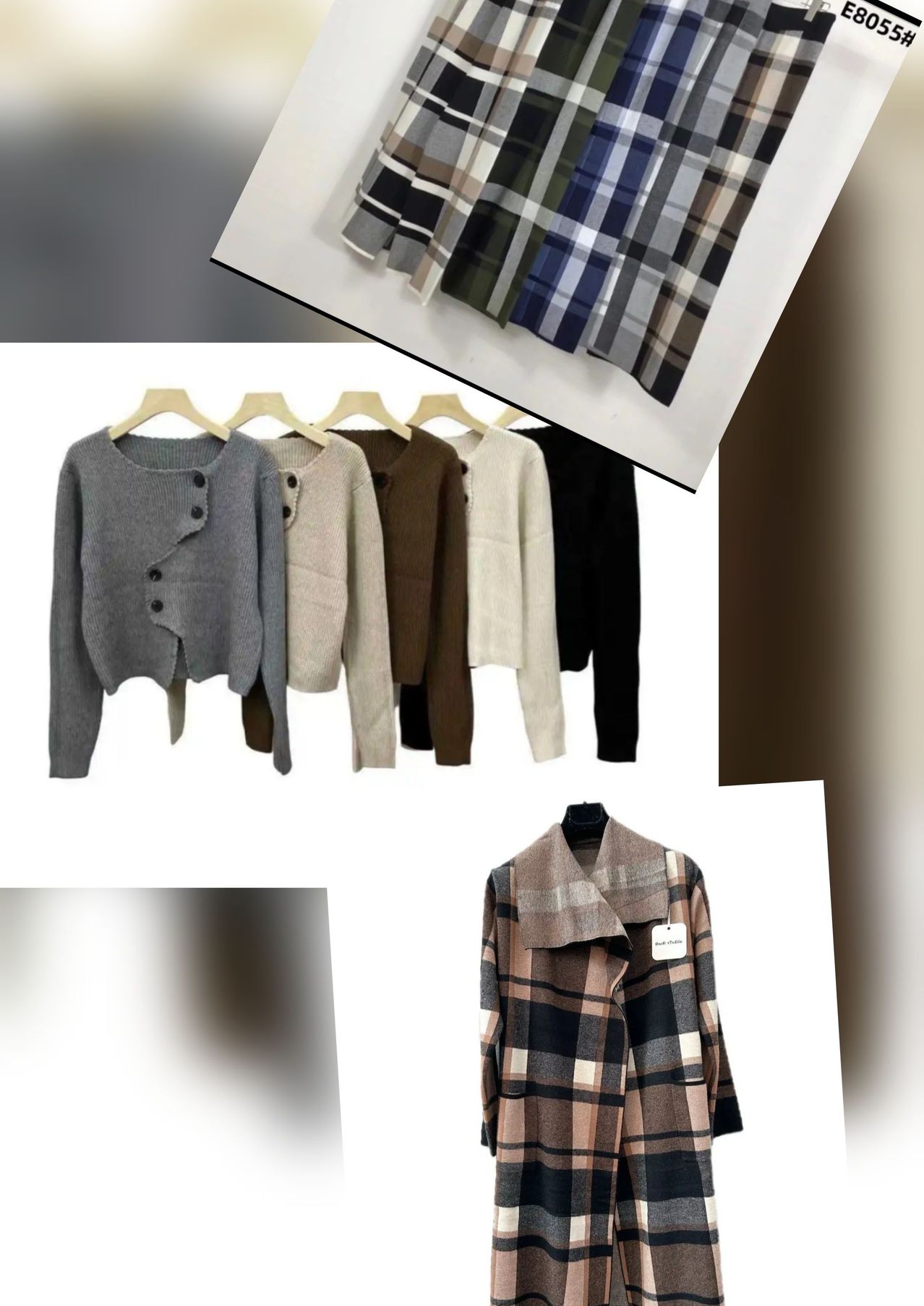 Eine Kollektion von Damen-Cardigans in verschiedenen Farben wie Grau, Beige und Braun mit einem karierten Design, das an einem Ständer hängt.