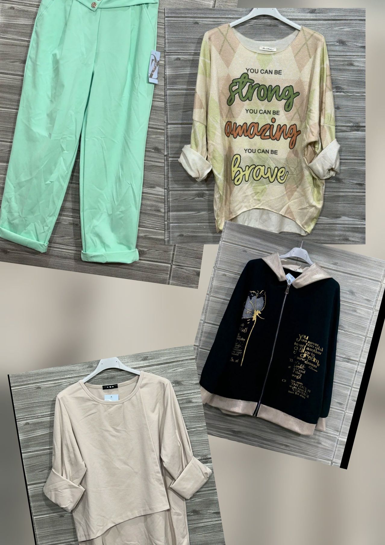 Eine Kollektion von Damenbekleidung mit inspirierenden Sprüchen. Es gibt hellgrüne Hosen, ein beiges Langarmshirt, ein beiges Oberteil mit der auffälligen Botschaft 'Stark Du kannst erstaunlich mutig sein' und eine schwarze Kapuzenjacke mit einem Löwenzahndesign und Text.