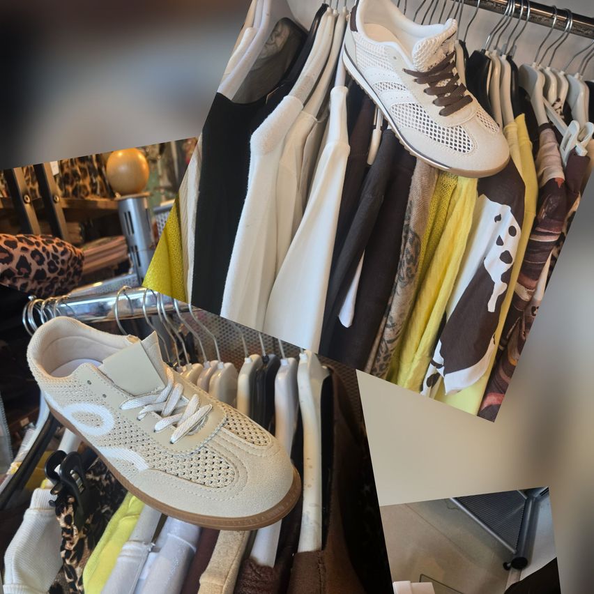 A collage of clothing and shoes, featuring a pair of white sneakers with beige soles on a clothing rack, and a collection of colorful clothes.