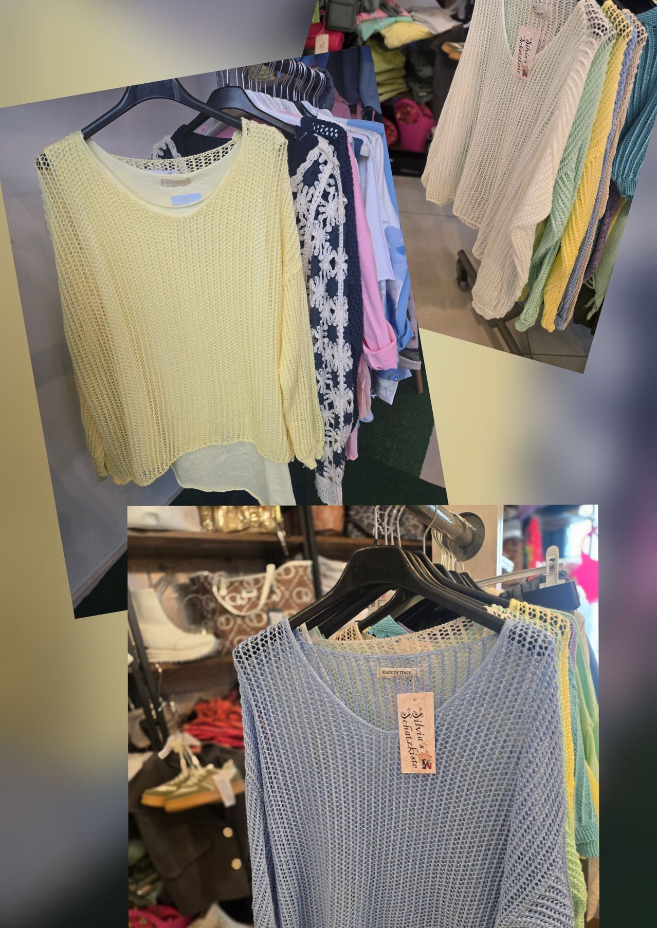 A clothing store displays various knitted and crocheted tops in different colors. A yellow top is prominently featured, with several other tops visible in the background.