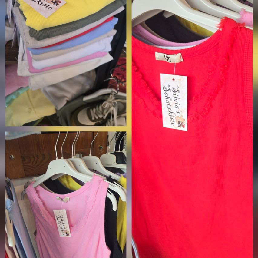 A collage of children's clothing with various colors, sizes, and tags. The top left shows a stack of folded clothes. The top right displays a red garment with a tag. The bottom left shows a pink garment. The bottom right shows a red garment hanging on a hanger.