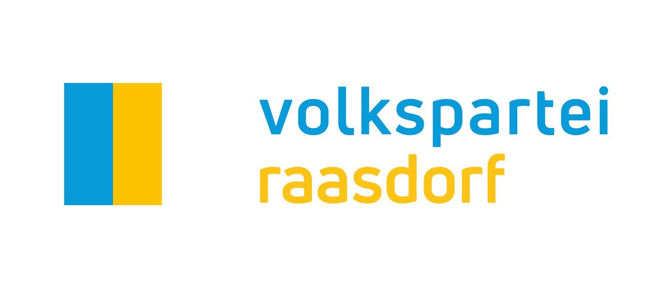 Das Bild zeigt ein Logo der Volkspartei Raasdorf. Es enthält eine blau-gelbe Flagge auf der linken Seite und den Text 'volkspartei raasdorf' auf der rechten Seite.