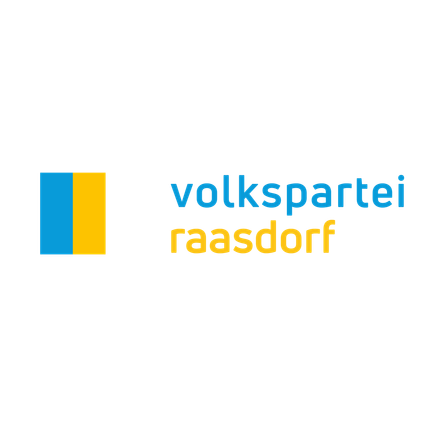 Ein schwarzer Hintergrund mit dem Volkspartei-Logo und dem Namen Raasdorf in Blau und Gelb.