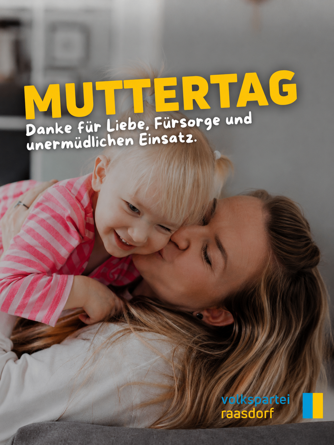 A woman and child embrace with text above reading 'Mother's Day' and 'Thank you for love, care, and tireless effort.'