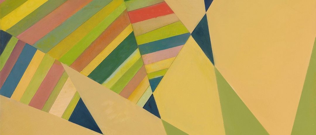 Ein abstraktes Gemälde mit einer Mischung aus geometrischen Formen in leuchtenden Farben wie Gelb, Blau, Grün und Rot. Die Formen sind in einem Muster angeordnet, mit sich überschneidenden Linien und Winkeln.