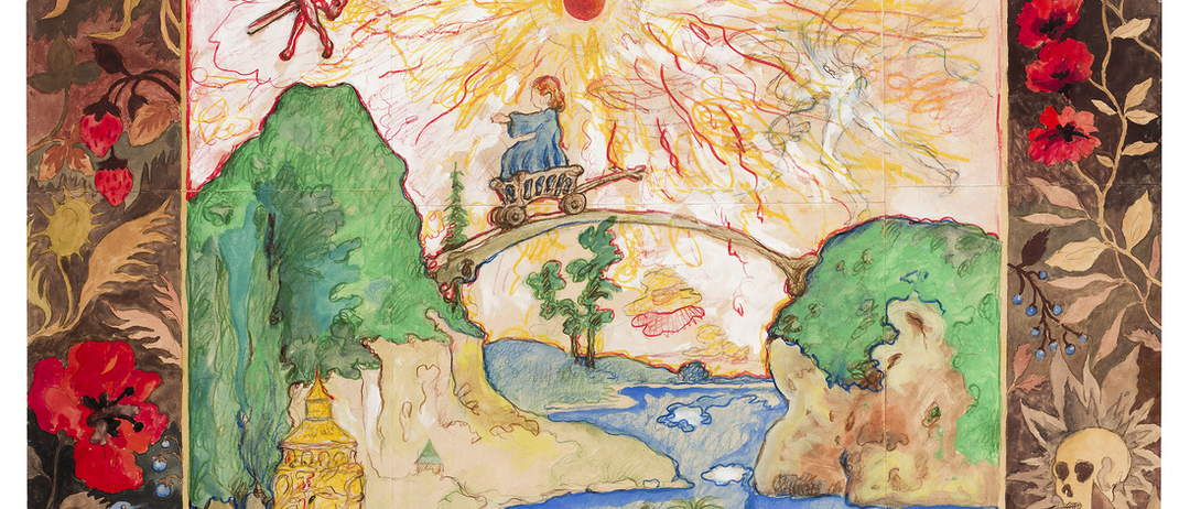 Eine bunte Illustration zeigt ein Mädchen, das einen Trolley über eine Brücke über einen Fluss fährt, mit Bäumen, Gebäuden und einer Sonne mit Strahlen. Ein Hase und ein Schmetterling fliegen darüber.