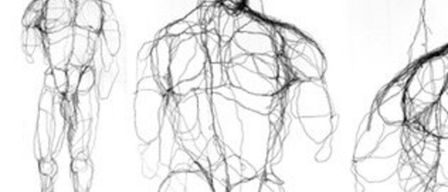 Eine Schwarz-Weiß-Zeichnung einer menschlichen Figur mit detaillierten anatomischen Linien, die Muskeln und Knochen zeigen.
