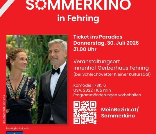 Plakat für den Film 'Sommerkino in Fehring' mit einem Mann und einer Frau in formeller Kleidung. Die Veranstaltung findet am 30. Juli 2026 um 21 Uhr im Gerberhaus Fehringer statt.