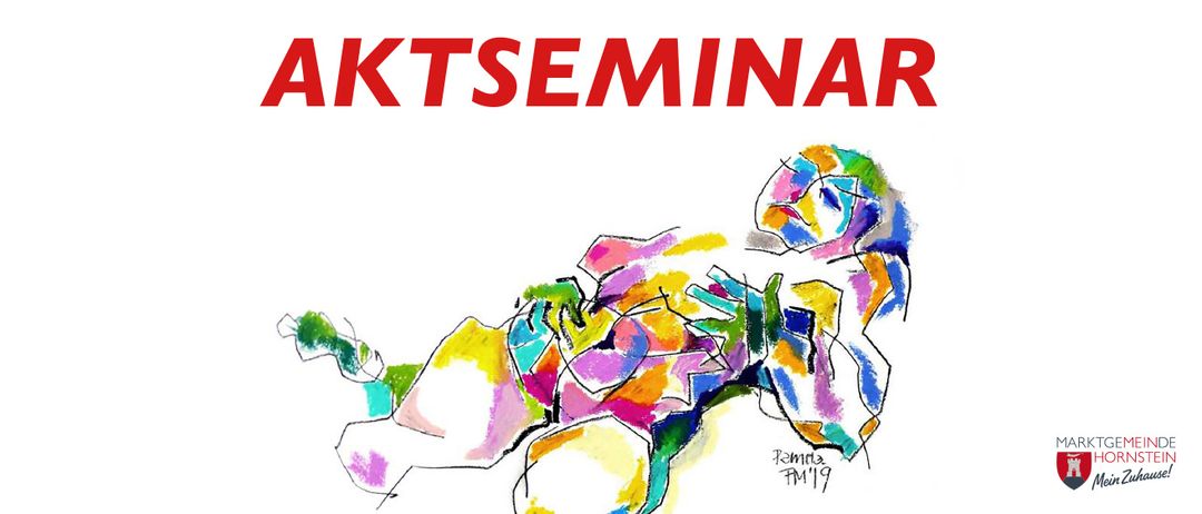 Eine abstrakte Malerei mit einer farbenfrohen und chaotischen Anordnung von Formen und Linien. Über dem Gemälde steht das Wort 'AKTSEMINAR' in fetten roten Buchstaben. Unter dem Gemälde ist die Signatur 'Remo FM 19' sichtbar.