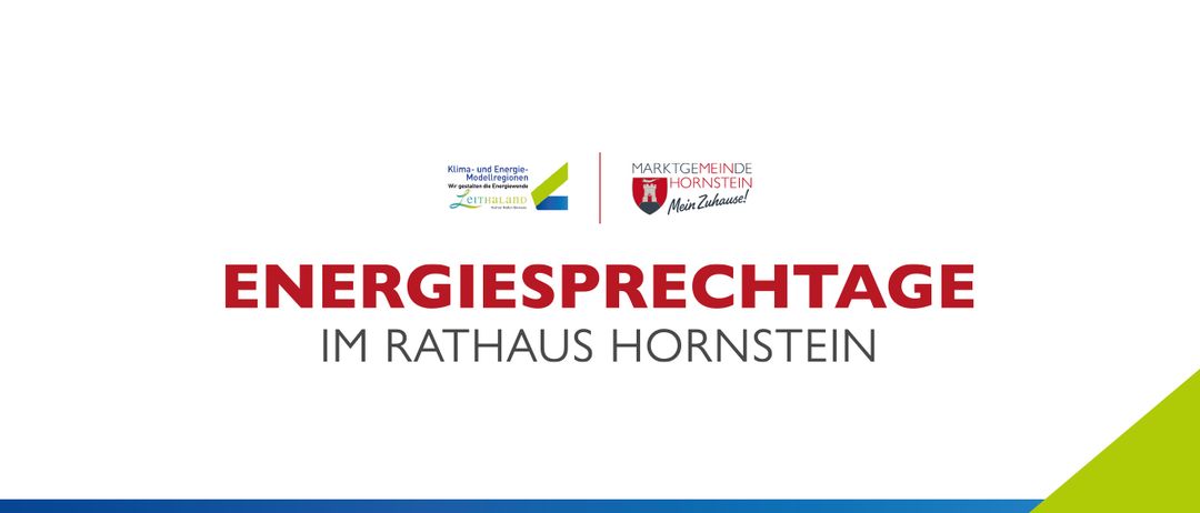 Ein Plakat, das den Energiespartag im Rathaus Hornstein bewirbt. Es zeigt Logos von Klima-und Energie-Modellregionen und Marktgemeinde Hornstein.