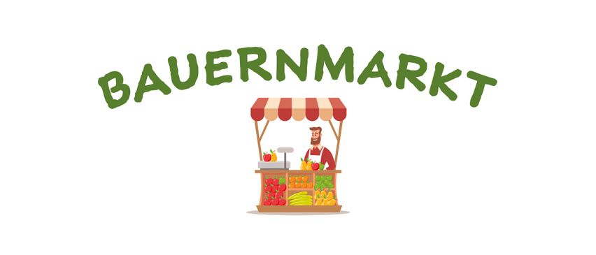 Illustration eines Bauernmarktes mit einem Verkäufer unter einem gestreiften Vordach, der Obst und Gemüse verkauft.