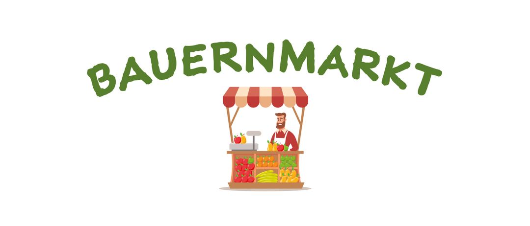 Illustration eines Bauernmarktes mit einem Verkäufer, der unter einem Vordach verschiedenes Obst und Gemüse verkauft.
