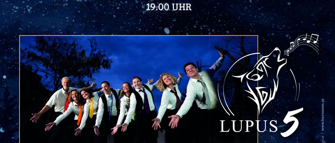 Ein Veranstaltungsplakat für das 'Eröffnungs Konzert' am 19. Dezember 2025 um 19:00 Uhr. Eine Gruppe von Menschen in formeller Kleidung posiert vor einem Hintergrund. Ein Wolfslogo und der Text 'LUPUS 5' sind auf dem Plakat zu sehen.
