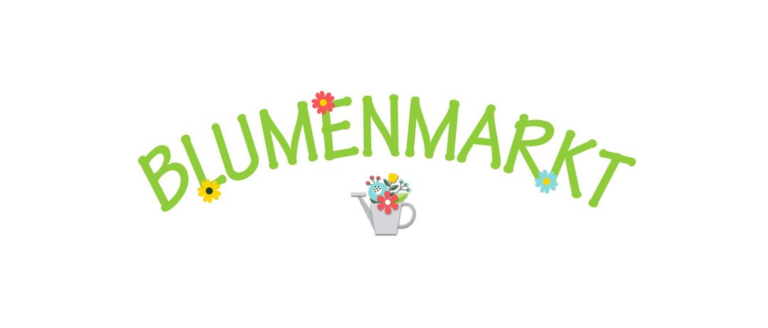 Ein weißer Banner mit dem Text Blumenmarkt in Grün, darunter Blumen und eine Gießkanne.