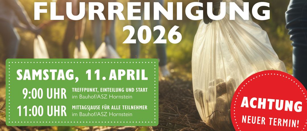 Poster für eine gemeinsame Aktion in Hornstein am 11. April 2026. Details umfassen Zeit, Treffpunkt und einen Aufruf zur Beteiligung der Gemeinschaft.