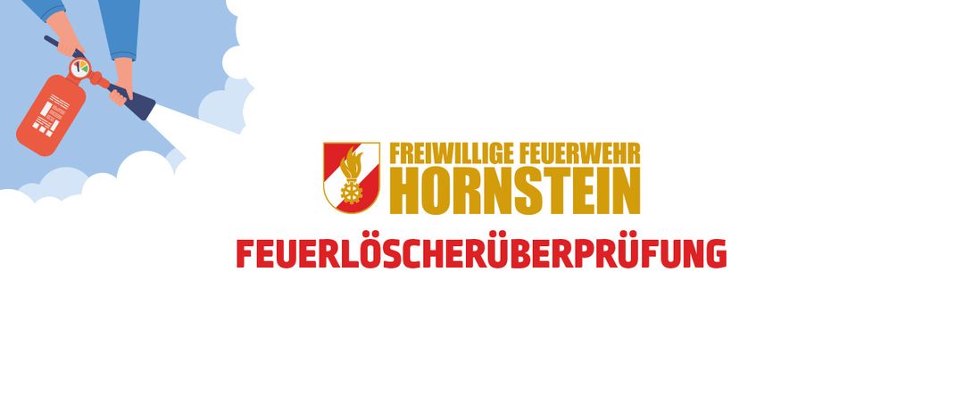 Logo der Freiwilligen Feuerwehr Hornstein mit einem Schild, das eine Flamme und ein Zahnrad zeigt, sowie dem Text 'Freiwillige Feuerwehr Hornstein' darüber und 'Feuerloscherueberpruefung' darunter in Rot und Gelb.