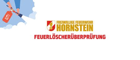 Logo der Freiwilligen Feuerwehr Hornstein mit einem Schild, das eine Flamme und ein Zahnrad zeigt, sowie dem Text 'Freiwillige Feuerwehr Hornstein' darüber und 'Feuerloscherueberpruefung' darunter in Rot und Gelb.