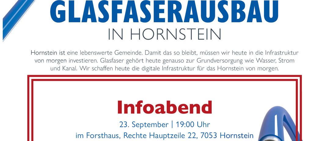 Plakat für Glasfaserausbau in Hornstein, mit Karte, einem Mann und Informationen über einen Infoabend und Sprechstunden.
